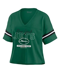 Wear by Erin Andrews Women's Green New York Jets Color Block Boxy Modest Crop V-Neck T-Shirt