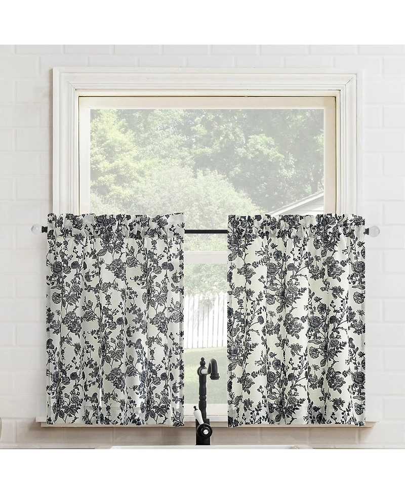 No. 918 Elodie Tonal Botanical Semi-Sheer Rod Pocket Kitchen Curtain Tier Pair