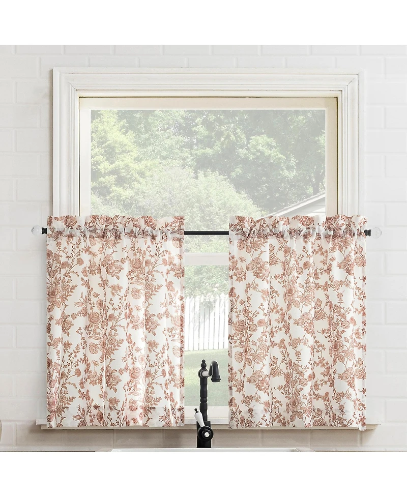 No. 918 Elodie Tonal Botanical Semi-Sheer Rod Pocket Kitchen Curtain Tier Pair