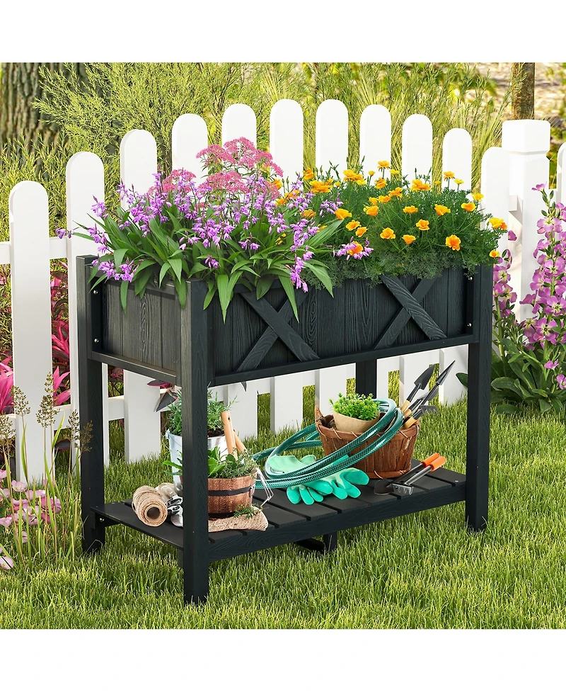 Gymax Hips Raised Garden Bed Poly Wood Elevated Planter Box w/ Legs & Storage Shelf