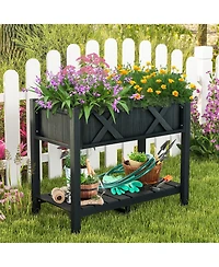 Gymax Hips Raised Garden Bed Poly Wood Elevated Planter Box w/ Legs & Storage Shelf