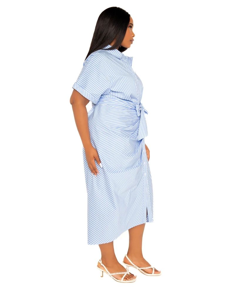 Buxom Couture Women's Plus Tie Waist Stripe Shirt Dress