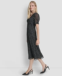 Dkny Women's Polka-dot V-neck Button-trim Midi Dress