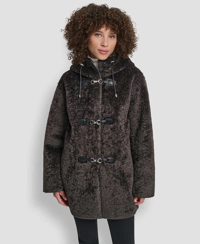 Dkny Women's Shearling Hooded Toggle Coat