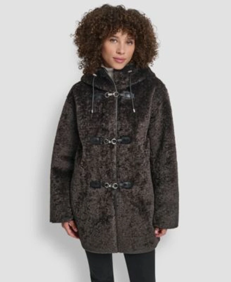 Dkny Womens Shearling Hooded Toggle Coat P Xs Xxl