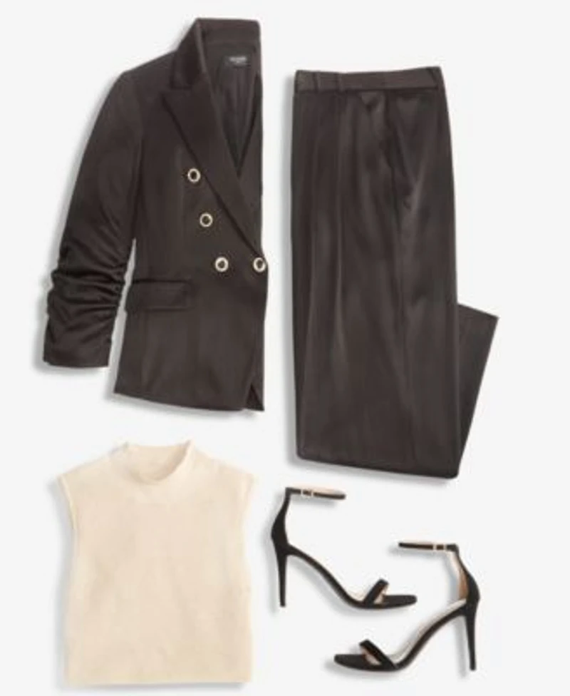 Tahari Asl Double Breasted Blazer Mock Neck Sweater Satin Pants