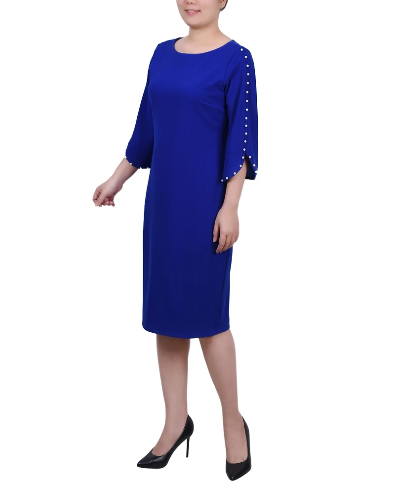 Ny Collection Petite 3/4 Sleeve Pearl Detail Dress