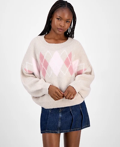 Hippie Rose Juniors' Slouchy Balloon-Sleeve Crewneck Sweater
