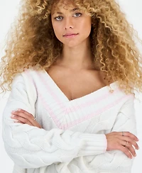 Hippie Rose Juniors' V-Neck Cable-Knit Sweater
