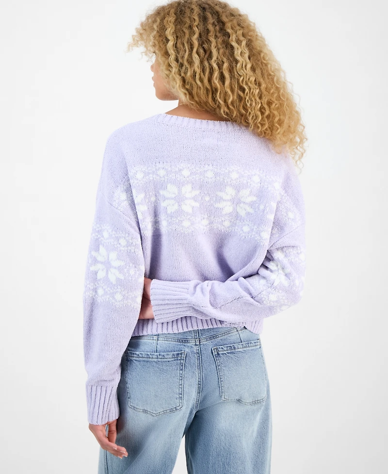Hippie Rose Juniors' Patterned Knit Chenille Crewneck Sweater