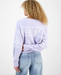 Hippie Rose Juniors' Patterned Knit Chenille Crewneck Sweater