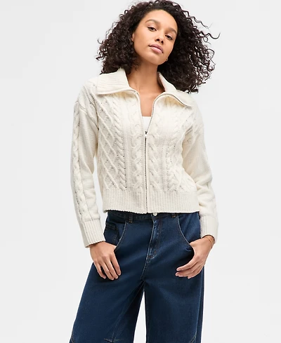 Hippie Rose Juniors' Chenille Cable-Knit Collared Full-Zip Cardigan