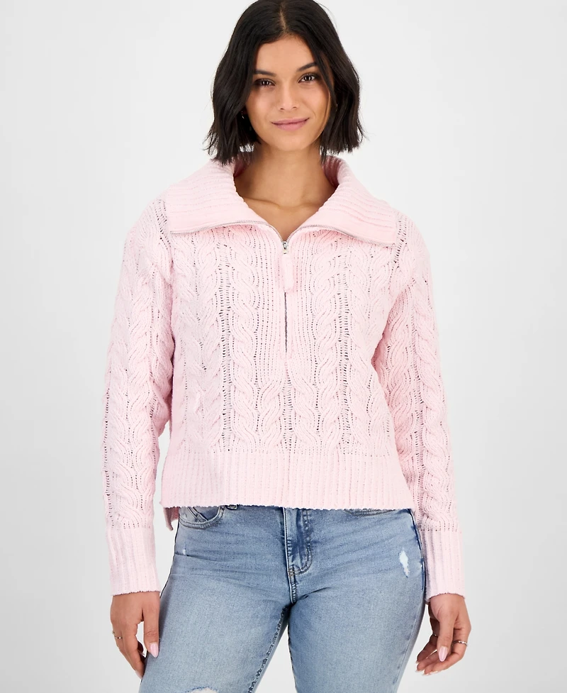 Hippie Rose Juniors' Chenille Cable-Knit Half-Zip Sweater