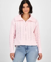 Hippie Rose Juniors' Chenille Cable-Knit Half-Zip Sweater