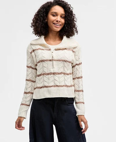 Hippie Rose Juniors' Chenille Cable-Knit Half-Zip Sweater