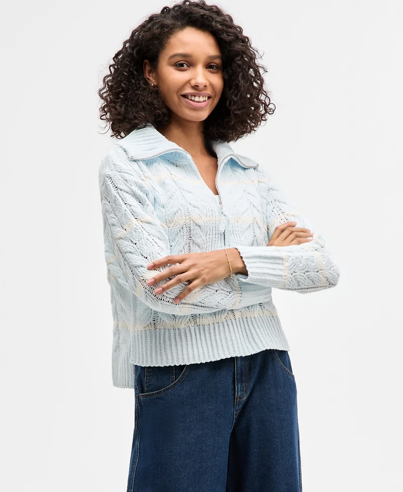 Hippie Rose Juniors' Chenille Cable-Knit Half-Zip Sweater