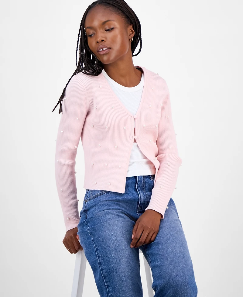 Madden Girl Juniors' Faux-Pearl Ribbed Cardigan
