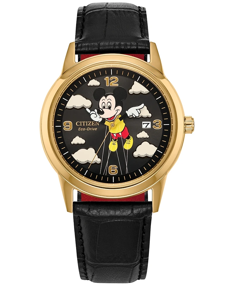 Citizen Disney | Macy's Unisex Soaring High Mickey Mouse Black Leather Strap Watch 40mm, Created for Macy's