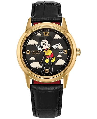 Citizen Disney | Macy's Unisex Soaring High Mickey Mouse Black Leather Strap Watch 40mm, Created for Macy's