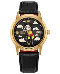 Citizen Disney | Macy's Unisex Soaring High Mickey Mouse Black Leather Strap Watch 40mm, Created for Macy's