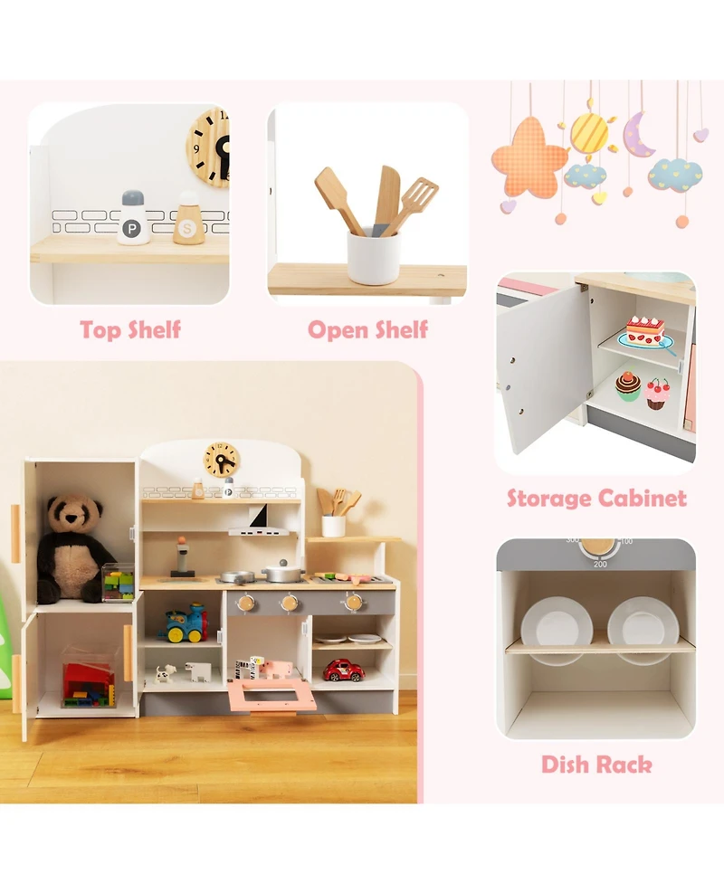 Akiudex Wooden Kids Play Kitchen Set with Accessories and Storage