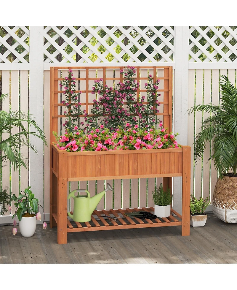 Gymax Raised Garden Bed w/ Trellis Wooden Elevated Planter Box w/ Legs & Liner