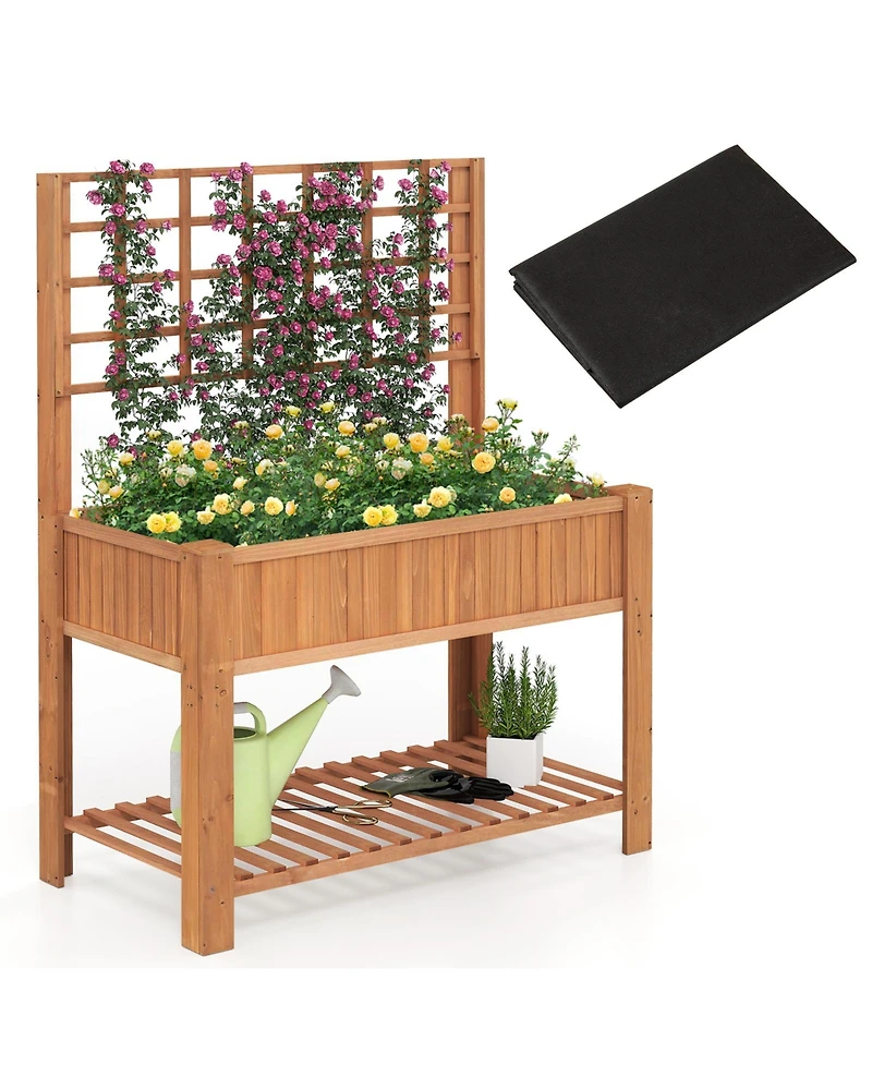 Gymax Raised Garden Bed w/ Trellis Wooden Elevated Planter Box w/ Legs & Liner