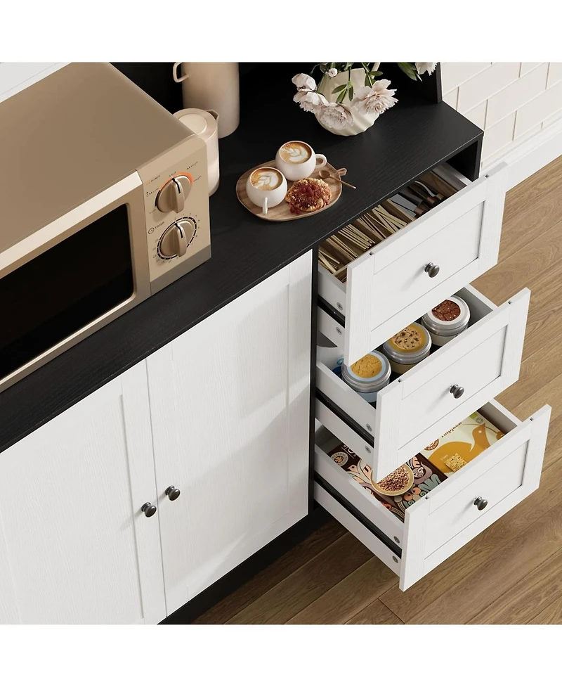 gaomon "22; Kitchen Pantry Cabinet with Microwave Shelf, Freestanding Hutch Cabinet with 3 Drawers and Led Lights, Tall Storage Cabinet with Counterto