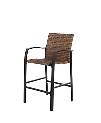 Flynama 3 Pieces Outdoor Bar Stools Set,Rattan Bar Chairs,with glass table top, Wicker Bar Stools for Backyard, Garden, Pool, Balcony and Deck, Brown