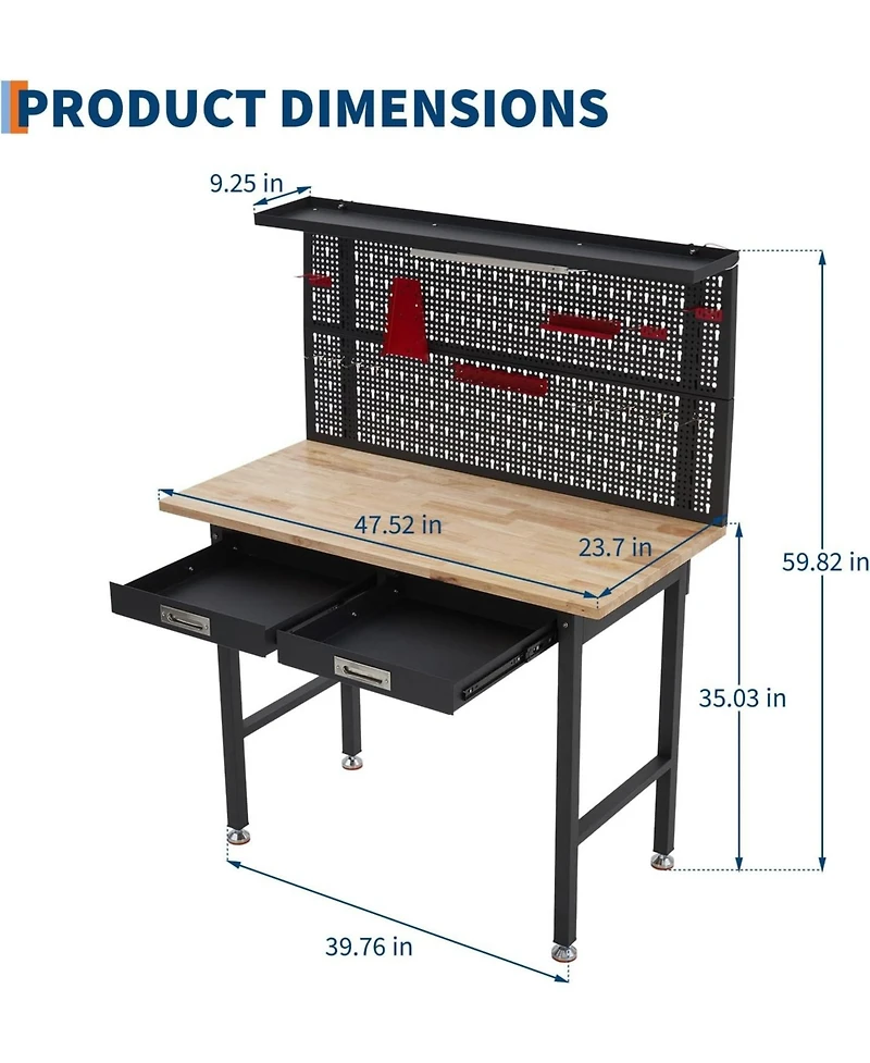 60" Heavy Duty Workbench w/Drawers,Garage Work Bench w/Pegboard,Led Lighting System,Tool Storage,Wood Metal Work Table for Workshop Warehouse