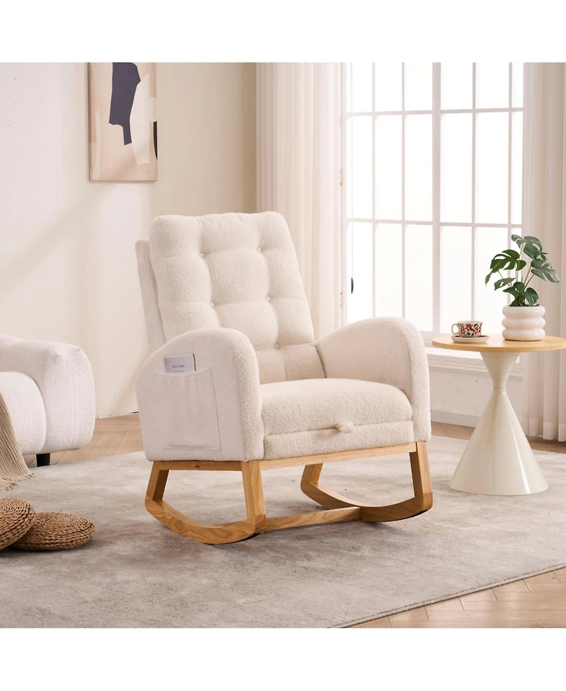 Flynama Plush Accent Rocking Chair with Footrest, Cream White High-Back Rocker, Rubber Wood Lounge Chair for Nursery & Living Room, 38.36"W x 26.77"D
