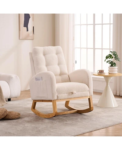 Flynama Plush Accent Rocking Chair with Footrest, Cream White High-Back Rocker, Rubber Wood Lounge Chair for Nursery & Living Room, 38.36"W x 26.77"D