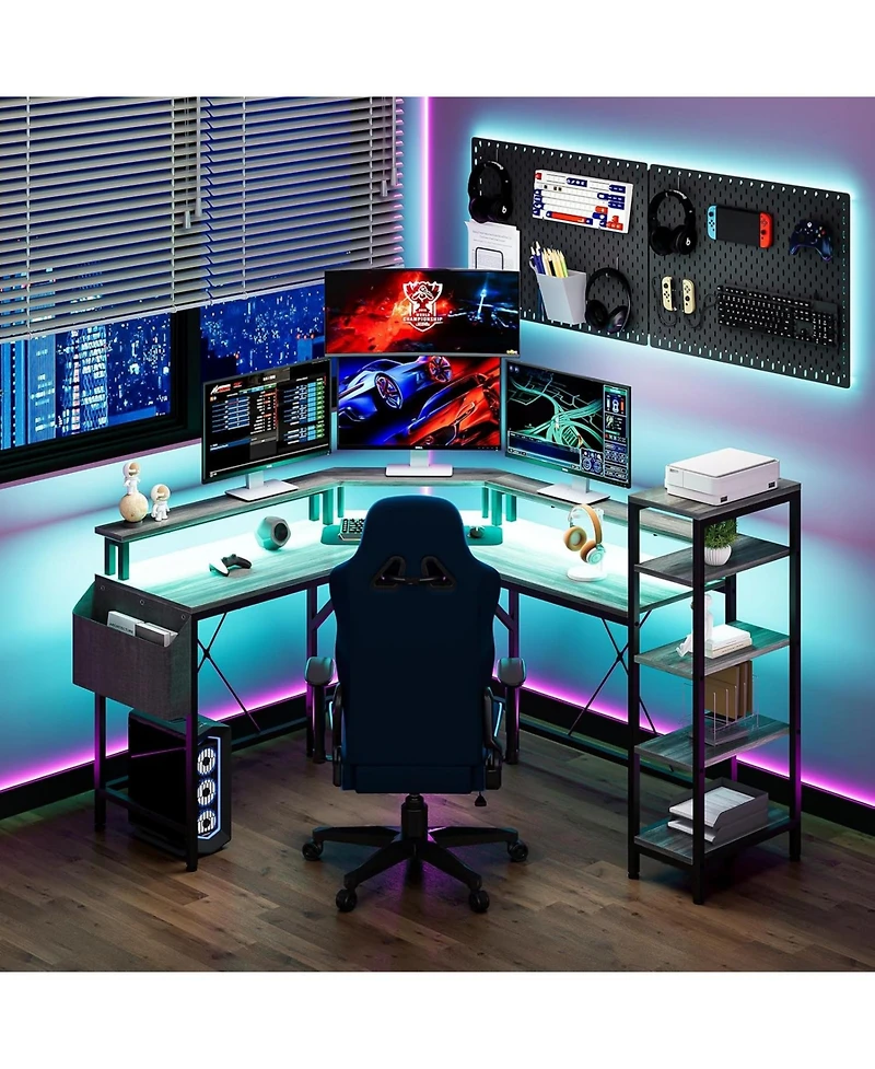 gaomon L Shaped Desk with Power Outlets & Led Lights, 62" Computer Desk with Full Monitor Stand & Storage Shelves, Corner Desk Gaming Desk, Ergonomic