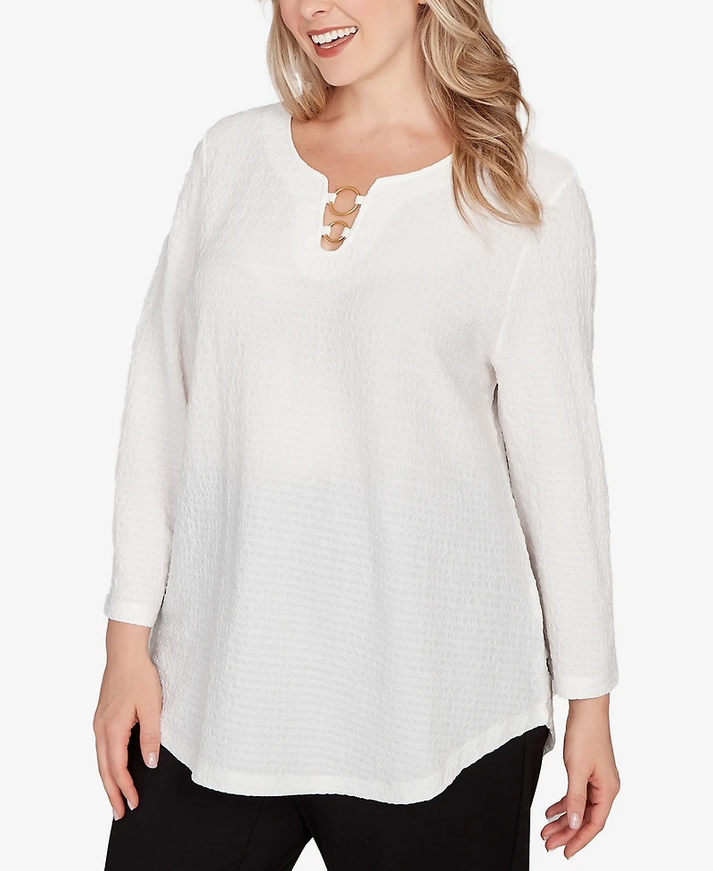 Hearts Of Palm Plus Size Novelty Crinkle 3/4 Sleeve Top