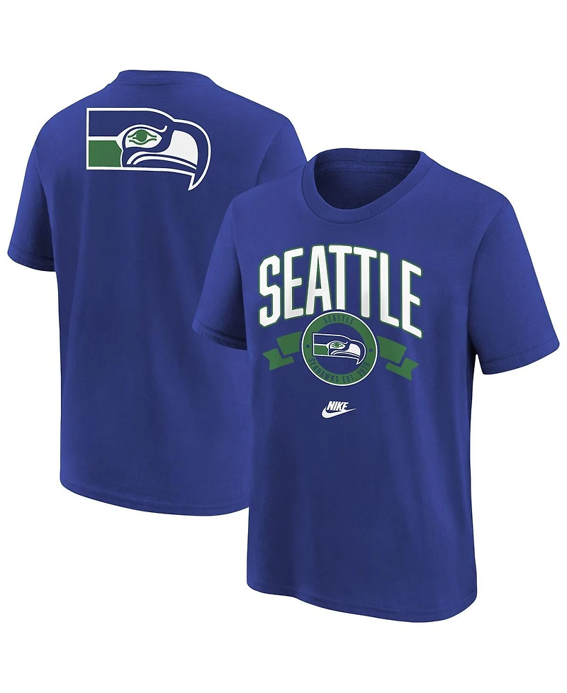 Nike Big Boys and Girls Royal Seattle Seahawks Rewind Front Back Essential T-Shirt