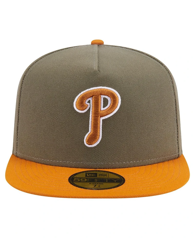 New Era Men's Olive/Orange Philadelphia Phillies Two-Tone Color Pack A-Frame 59FIFTY Fitted Hat