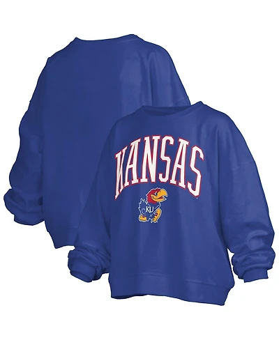 Pressbox Women's Royal Kansas Jayhawks Janise Arch Over Logo Waist Length Oversized Pullover Sweatshirt