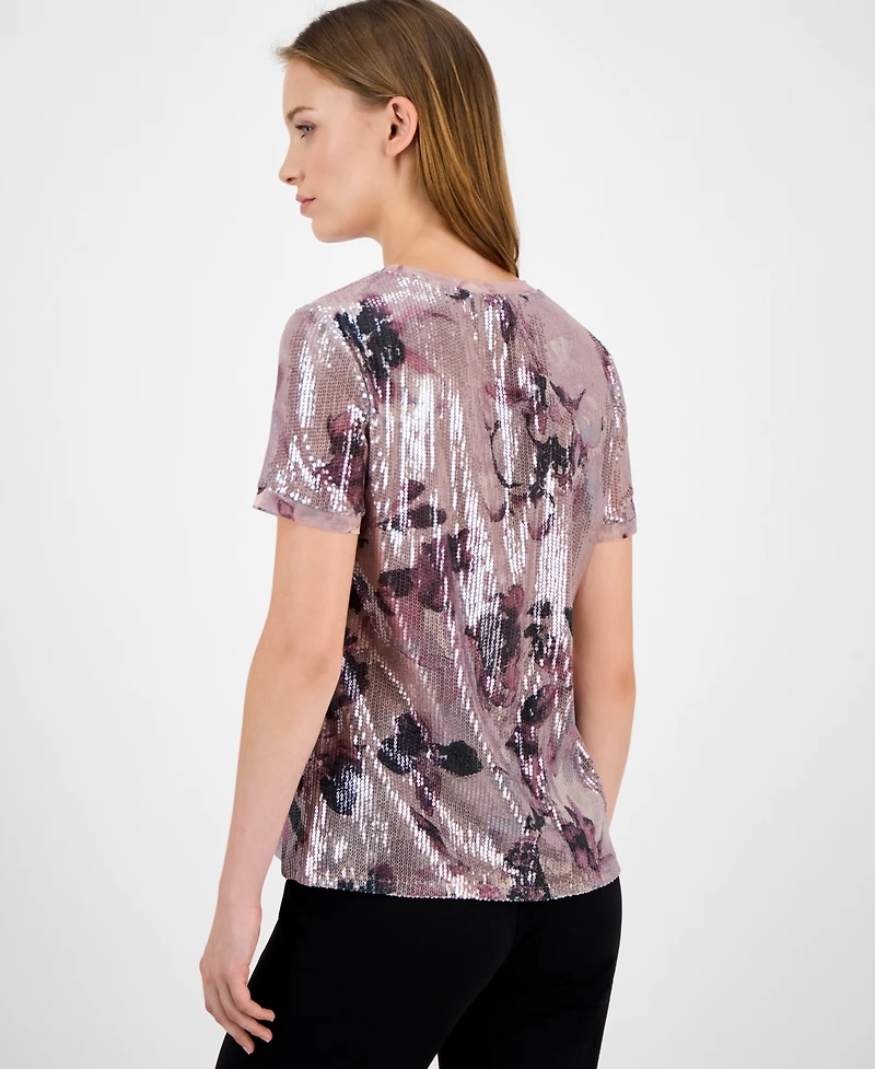 Anne Klein Women's Sequin Floral-Print Crewneck T-Shirt