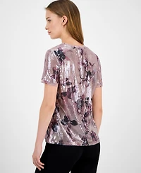 Anne Klein Women's Sequin Floral-Print Crewneck T-Shirt
