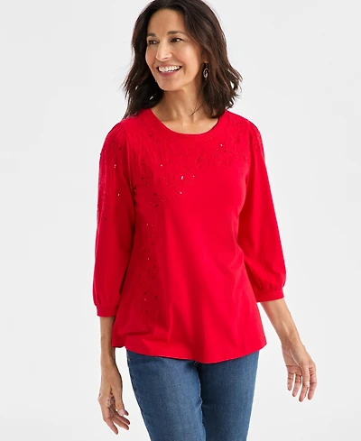 Style & Co Women's Floral Embroidery Shine Knit Top, Macy's Exclusive