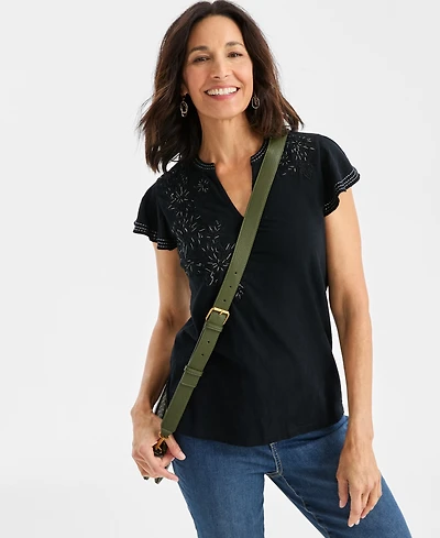 Style & Co Petite Cotton Embroidered Flutter-Sleeve Knit Top, Macy's Exclusive