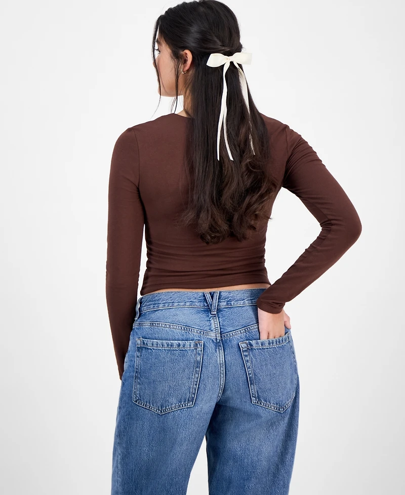 Pink Rose Juniors' Square-Neck Long-Sleeve Knit Top