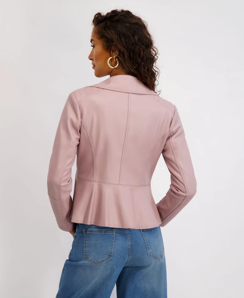 Kensie Women's Asymmetrical Pu Peplum Moto Jacket with Quilting Details