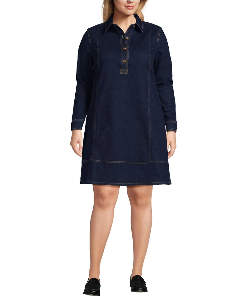Lands' End Women's Plus Soft Denim Popover Long Sleeve Shirt Dress