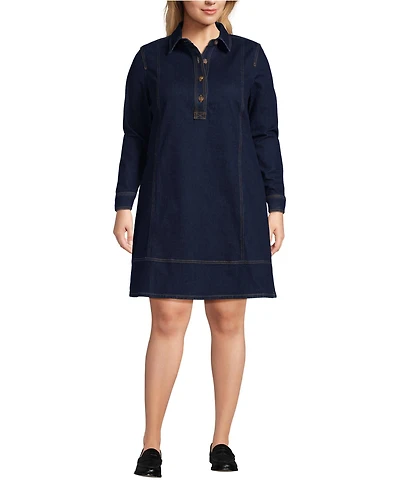 Lands' End Women's Plus Soft Denim Popover Long Sleeve Shirt Dress