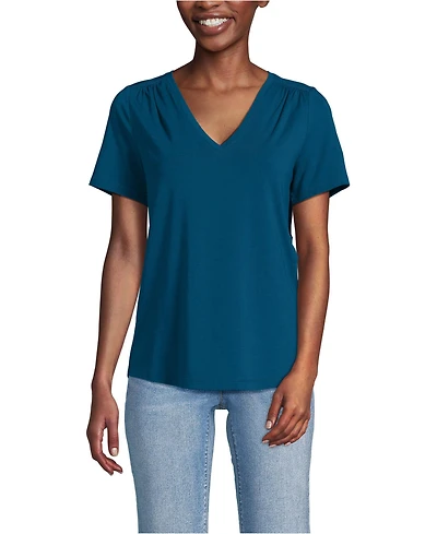Lands' End Women's Short Sleeve Lightweight Jersey Gathered Shoulder T-Shirt
