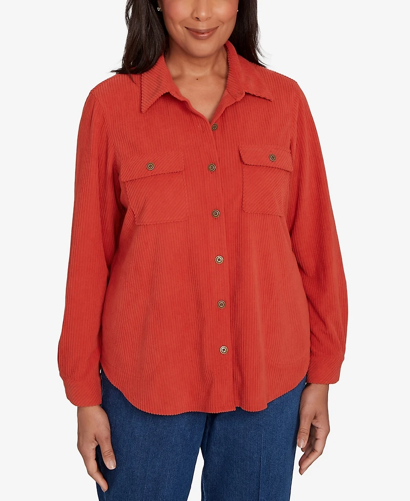 Alfred Dunner Petite Sunset Canyon Plush Ribbed Oversized Button Front Top