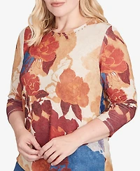 Alfred Dunner Petite Sunset Canyon Dramatic Abstract Floral Asymmetrical Top