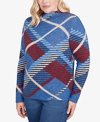 Alfred Dunner Petite Sunset Canyon Exploded Plaid Mock Neck Sweater