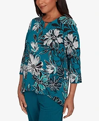Alfred Dunner Petite Lake Champlain Floral Printed Beaded Neck Top